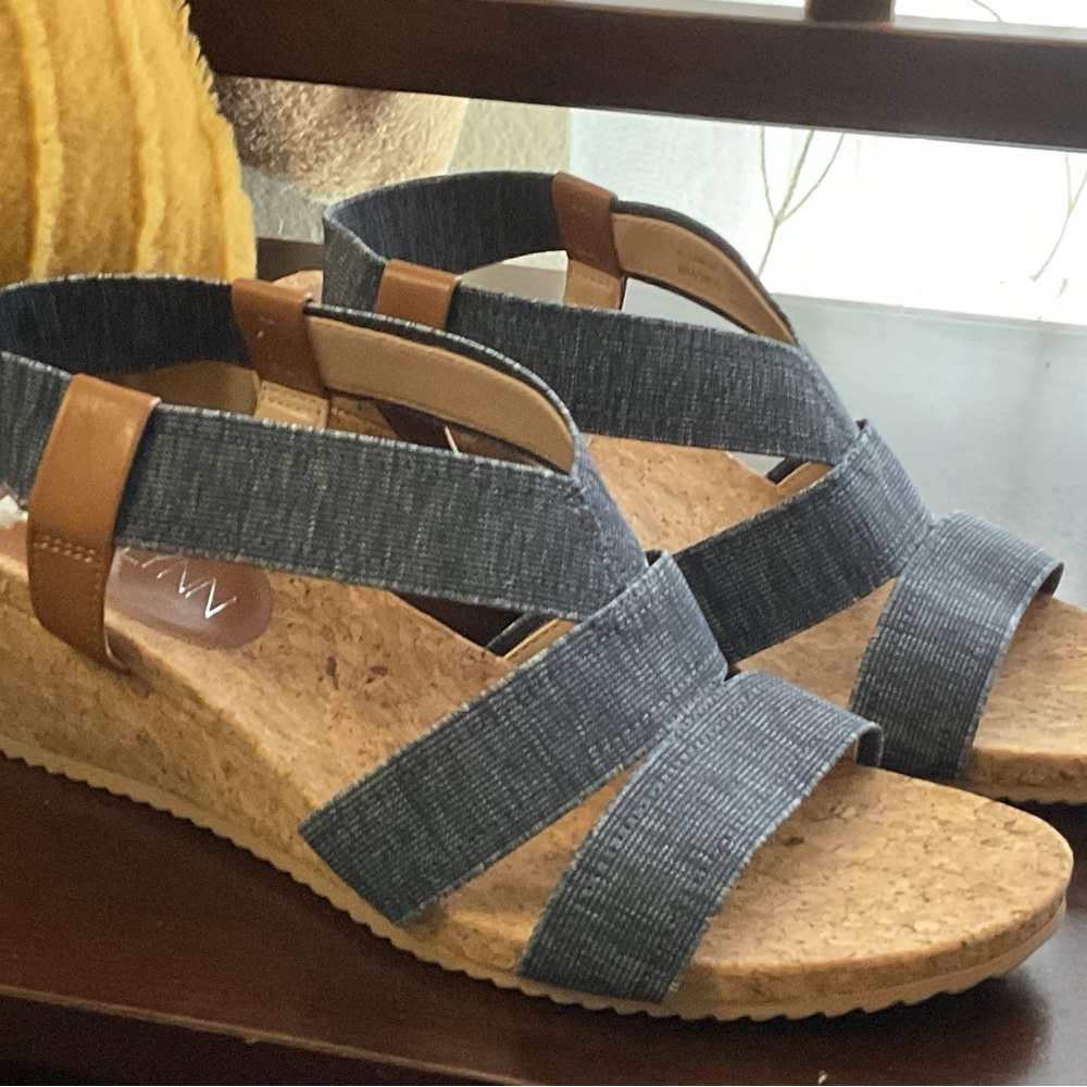 Women's Blue and Tan Wedge Sandals